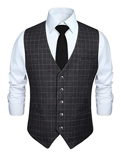 HISDERN Manner Schwarz formale Hochzeitsfeier Weste Baumwolle Plaid graues Kleid Anzug Weste XXL von HISDERN