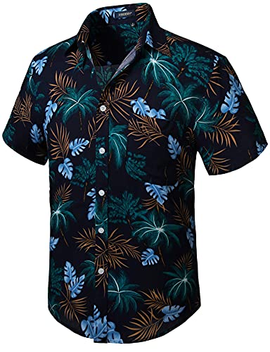 HISDERN Men Funky Hawaiian Kokosnussbaum Shirts Kurzarm Vordertasche Urlaub Sommer Aloha Bedruckter Strand Casual Navy Blue Hawaii Shirt XXXL von HISDERN