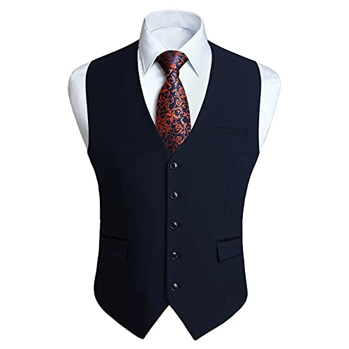 HISDERN Navy blau Anzugwesten Herren Klassische Hochzeit Business Weste Elegant Casual Einfarbig Westen Formelle Smoking Anzugweste mit Taschen L von HISDERN