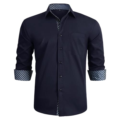 HISDERN Navy Blau Hemden Herren Button Down Langarm Klassischer Kragen Hochzeit Business Hemd XL von HISDERN