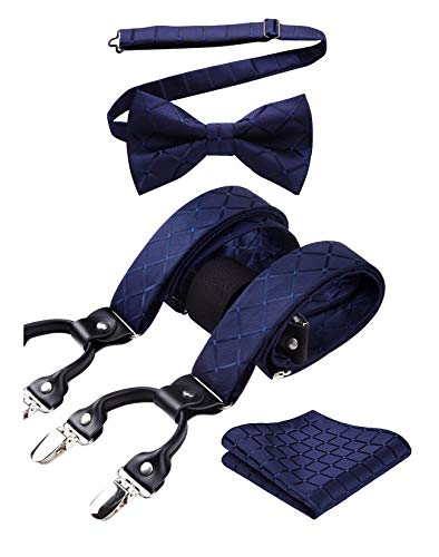 HISDERN Navy blau Hosenträger und Fliege Set für Herren Einstecktuch Y Style hosenträger Plaid mit 6 Starken Clips Einstellbar für Anzug von HISDERN