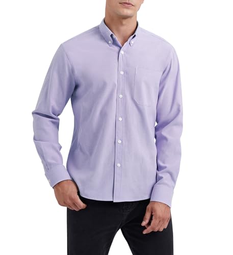 HISDERN Oxford Herren Hemd Bügelfrei Hell violett Hemd Langarm Casual Hemd Regular Fit Button down Hemd Faltenfrei Freizeithemd mit Tasche L von HISDERN