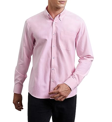 HISDERN Oxford Herren Hemd Langarm Rosa Freizeithemd Businesshemd Button Down Hemden mit Tasche 3XL von HISDERN