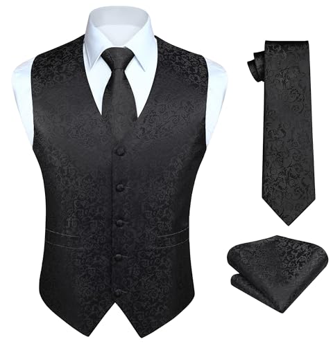 HISDERN Paisley Anzug Weste für Herren Jacquard Floral Hochzeit Party Schwarz Westen Krawatte Einstecktuch Taschentuch AnzugWesten Set M von HISDERN