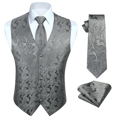 HISDERN Paisley Anzugweste Herren Grau Krawatte Einstecktuch Taschentuch Hochzeit Party Floral Jacquard Weste Herren Anzug Set 3XL von HISDERN