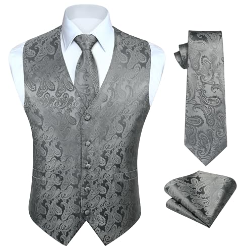 HISDERN Paisley Anzugweste Herren Grau Krawatte Einstecktuch Taschentuch Hochzeit Party Floral Jacquard Weste Herren Anzug Set XL von HISDERN