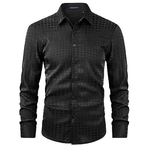 HISDERN Paisley-Hemd für Herren, Jacquard-Seide, Hemd, Langarm, Knopfleiste, für Hochzeit, Nachtclub, Party, Satin-Hemden, Normale Passform, Schwarz, 2XL von HISDERN