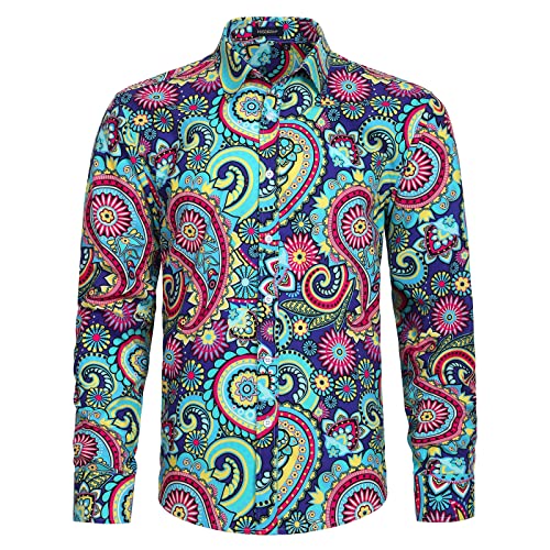 HISDERN Paisley Hemd für Herren Casual Bunte Blue Floral Fancy Shirts Button Down Langarm Funky Hawaiihemd L von HISDERN