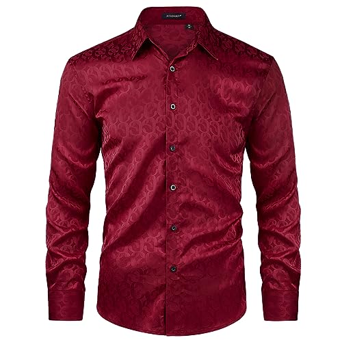 HISDERN Paisley-Hemd für Herren Jacquard-Seidenhemd Langarm Button-Down für Hochzeit Nachtclub Party Satinhemden Regular Fit Rot L von HISDERN