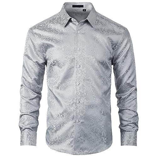 HISDERN Paisley Hemd für Männer Jacquard Seide Kleid Hemd Langarm Button Down für Hochzeiten Nachtclub Party Satin Hemden Regular Fit Grau L von HISDERN