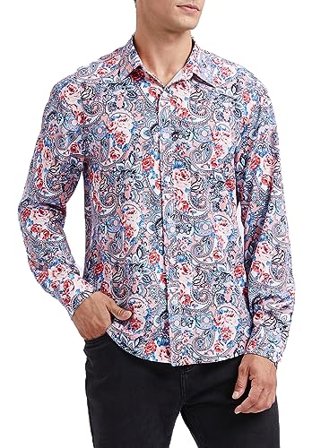 HISDERN Paisley-Hemden für Herren, rosa, langärmelig, lässig, flippiges Hemd, Button-Down-Hemd, schickes Blumenhemd, Normale Passform, XL von HISDERN