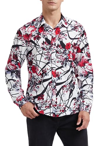 HISDERN Paisley-Hemden für Herren, weiß, langärmelig, lässiges Funky-Hemd, Button-Down-Hemd mit ausgefallenem Blumenmuster, Normale Passform, S von HISDERN