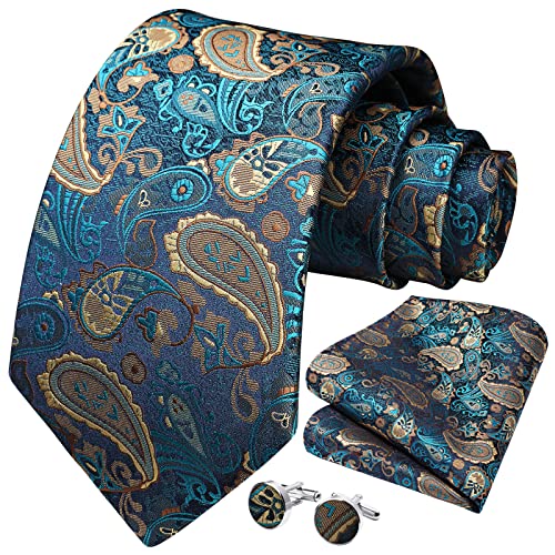 HISDERN Paisley Krawatten Set für Herren, Einstecktuch, Manschettenknöpfe, Seide,Krawatten-Set mit Einstecktuch für Hochzeitsfeiern von HISDERN