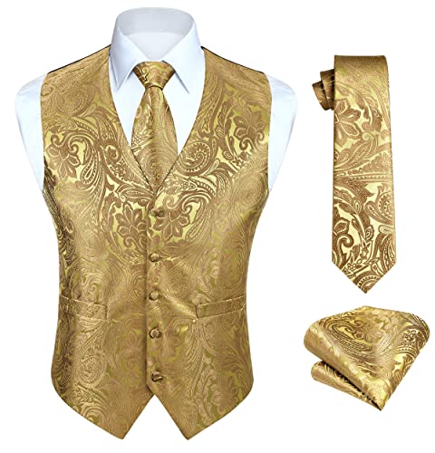 HISDERN Paisley Weste Herren Gelb Jacquard Krawatte Einstecktuch Einstecktuch Hochzeitsfeier Business Fit Weste Anzug Set XL von HISDERN