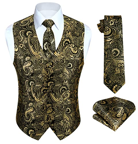 HISDERN Partyweste für Herren Herren Paisley Gold Westen Floral Jacquard Krawatte Einstecktuch Einstecktuch Hochzeit Business Fit Weste Anzug Set 3XL von HISDERN