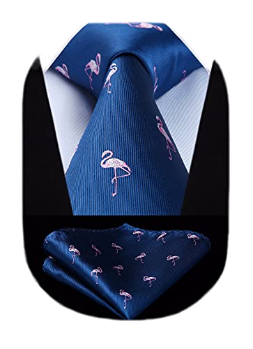 HISDERN Marineblau Krawatte für Herren Flamingo Hochzeit Taschentuch Business Klassisch Krawatte und Einstecktuch Set von HISDERN