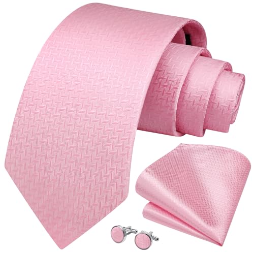 HISDERN Rosa Krawatten für Männer Hochzeit Seide Gewebt Krawatte mit Einstecktuch Manschettenknöpfe Set für Prom von HISDERN