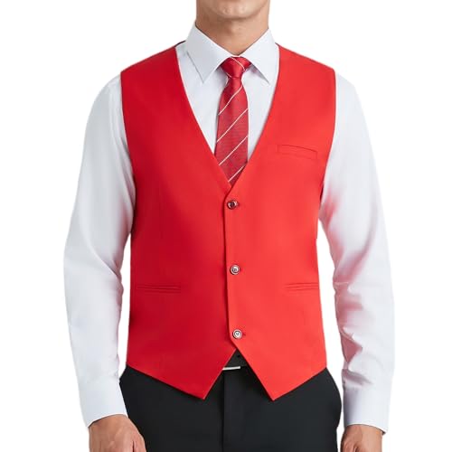 HISDERN Rote Weste Herren Anzug Formelle Hochzeit Anzugweste Klassische Einfarbig Westen Elegant Smoking Anzugwesten für Männer mit Taschen S von HISDERN