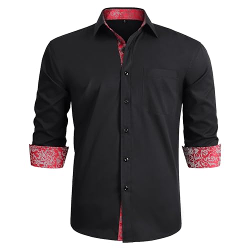 HISDERN Schwarz/Gold Hemden Herren Button Down Langarm Klassischer Kragen Hochzeit Business Hemd M von HISDERN