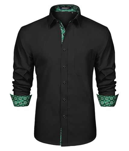 HISDERN Schwarz/Grün Hemden Herren Button Down Langarm Klassischer Kragen Hochzeit Business Hemd L von HISDERN