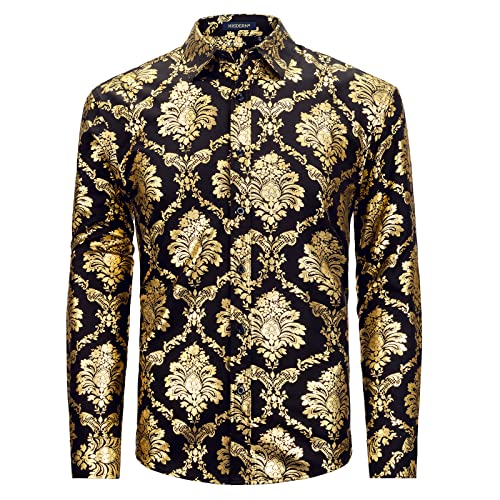 HISDERN Schwarz Blumenhemd Herren Langarm Goldenes Blume Muster Hemden Elegant Satin Mode Freizeithemd Party Bar Hochzeit Regulär XXL HISDERN Schwarz Blumenhemd Herren Langarm Goldenes Blume Muster Hemden Elegant Satin Mode Freizeithemd Party Bar Hochzeit Regulär XXL von HISDERN