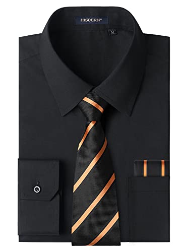 HISDERN Herren Hemd Schwarz Langarm Einfarbige Hemden mit Krawatte und Taschentuch Formelle Businesshemd Hochzeit Freizeithemd mit Tasche Regular Fit M von HISDERN