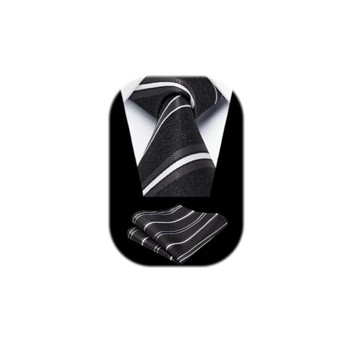 HISDERN Schwarz Herren Krawatte Formell Streifen Krawatte mit Einstecktuch Set Hochzeit Krawatten and Taschentuch von HISDERN