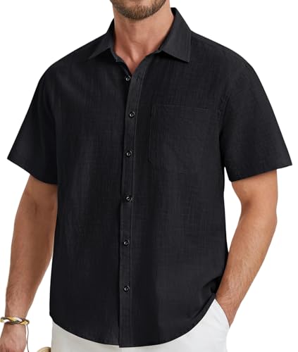 HISDERN Schwarze Leinenhemd Herren Hemd Kurzarm Sommerhemd Freizeithemd Businesshemd Regular Fit Leichte Baumwolle Leinenshirt 4XL von HISDERN