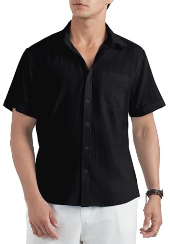 HISDERN Schwarze Leinenhemd Herren Hemd Kurzarm Sommerhemd Freizeithemd Businesshemd Regular Fit Leichte Baumwolle Leinenshirt L von HISDERN