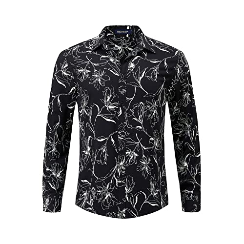 HISDERN Schwarzes Hemd Knopfleiste, Freizeithemden Langarm Button Down Shirt Elegante Businesshemd Casual Party Hemden Slim Fit Bedrucktes Hemd,Schwarz Und Weiß,L von HISDERN