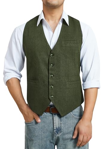 HISDERN Tweed Weste für Herren Anzug Westen Vintage Wolle Anzugweste Fischgrätmuster Herrenweste Grün S von HISDERN