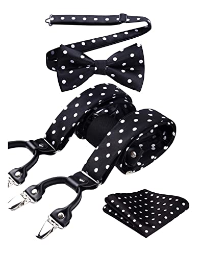 HISDERN Hosenträger Schwarz Fliege Hosenträger und Einstecktuch Herren Set Punktmuster Klassische Verstellbar Y Form Elastisch Mit 6 Extra Stark Clips Hochzeit Braces HISDERN Hosenträger Schwarz Fliege Hosenträger und Einstecktuch Herren Set Punktmuster Klassische Verstellbar Y Form Elastisch Mit 6 Extra Stark Clips Hochzeit Braces von HISDERN