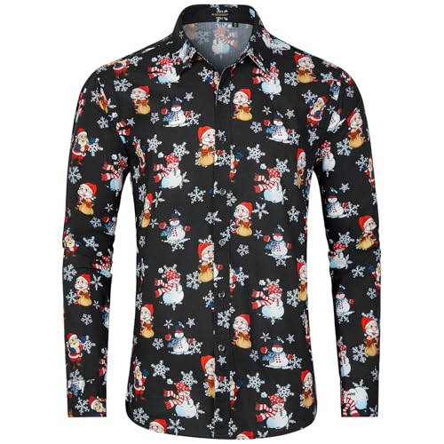 HISDERN Weihnachtshemd Herren Langarm Lustige Weihnachtsmann Hemd Funky Freizeit Party Weihnachtshemden Männer Schwarz 2XL von HISDERN