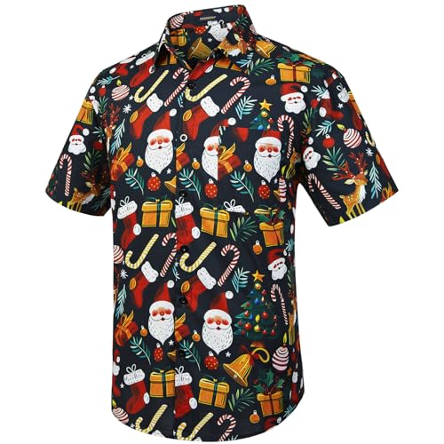 HISDERN Weihnachtshemd für Herren kurzärmelig lässig Button-Down-Hawaii-Hemden mit Weihnachtsmann-Glocken Weihnachtsbaum S von HISDERN