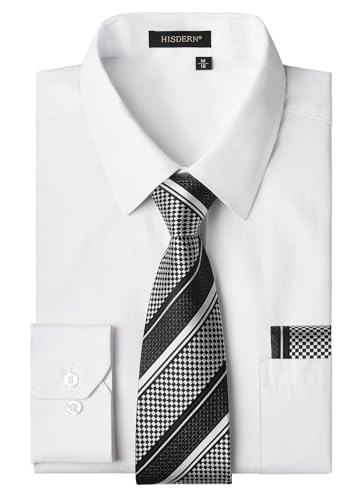 HISDERN Herren Hemd Weiß Langarm Einfarbige Hemden mit Krawatte und Taschentuch Formelle Businesshemd Hochzeit Freizeithemd mit Tasche Regular Fit S von HISDERN