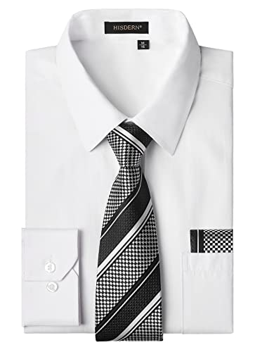 HISDERN Herren Hemd Weiß Langarm Einfarbige Hemden mit Krawatte und Taschentuch Formelle Businesshemd Hochzeit Freizeithemd mit Tasche Regular Fit XL von HISDERN