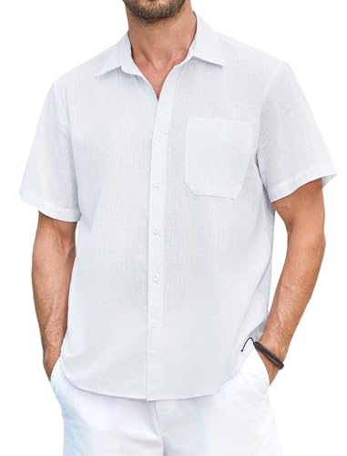 HISDERN Weiß Leinenhemd Herren Kurzarm Baumwolle Leinen Freizeithemd Businesshemd Sommer Casual Leichtes Shirts Regular Fit XL von HISDERN