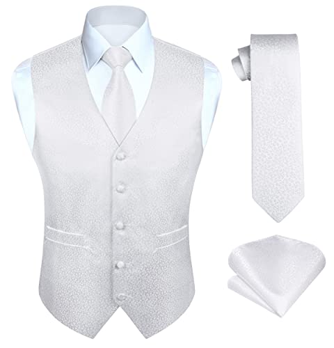 HISDERN Weiße Hochzeitsweste für Herren Paisley Westen Jacquard Krawatte Einstecktuch Einstecktuch Hochzeit Party Business Fit Weste Anzug Set S von HISDERN