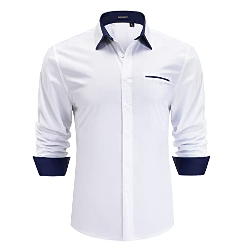 HISDERN Weißes Hemd Herren Formelle Freizeithemd Businesshemd Langarm Klassisch Hemden mit Button Down Kragen Regular Fit L von HISDERN