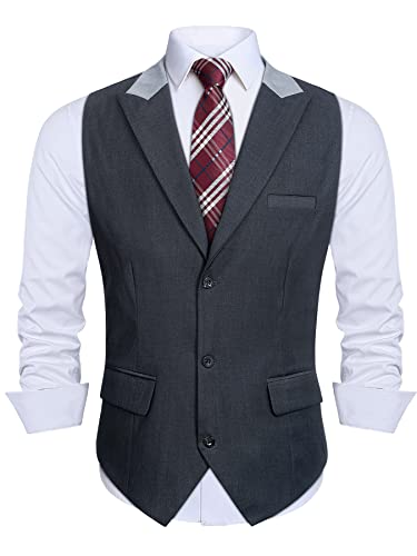 HISDERN Anzug Weste Herren Grau Anzugweste Elegant Anzugwesten Regular Fit Herrenweste Hochzeitsweste für Männer Hochzeit Westen mit Revers,Dunkelgrau,2XL von HISDERN