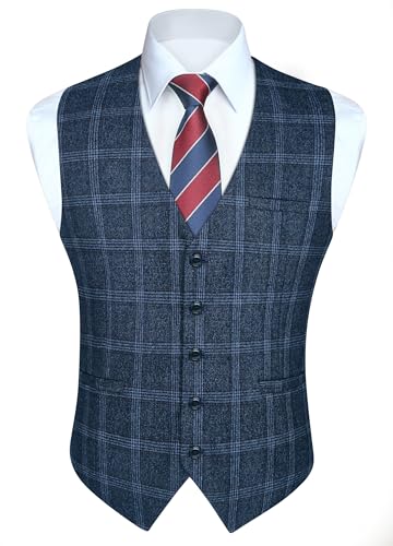 HISDERN Weste Herren Blau Kariert Anzugweste Klassische Westen Hochzeit Business Elegant Plaid Westeherren 4XL von HISDERN