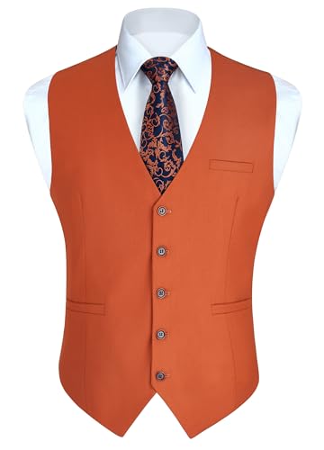 HISDERN Weste Herren Elegant Anzugweste für Herren Regular Fit Anzug Westen Herrenweste Hochzeitsweste Männer Business Hochzeit Anzugwesten,Gebranntes Orange,4XL von HISDERN