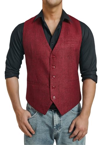HISDERN Weste Herren Tweed Anzugweste für Herren Vintage Anzug Weste Rot Fischgrätmuster Wolle Herrenwesten Burgundy XS von HISDERN