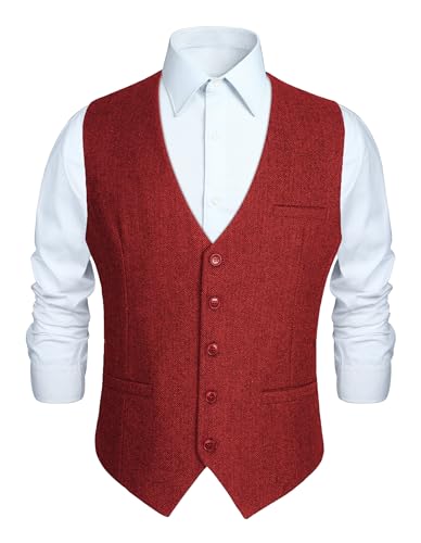 HISDERN Weste Herren Tweed Westen für Männer Formelle Anzug Weste Rote Herringbone Anzugweste Burgundy 3XL von HISDERN