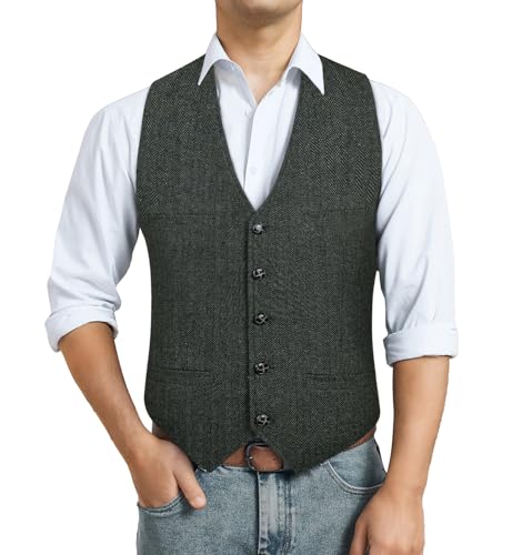 HISDERN Weste Herren Tweed Westen für Männer Vintage Anzug Weste Fischgrätmuster Wolle Anzugweste Grau XS von HISDERN