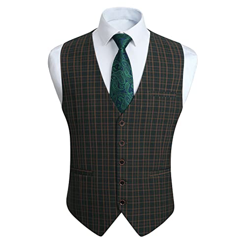 HISDERN Weste für Herren Klassisch karierte Weste Party Hochzeit Casual Tartan Slim Fit Anzugweste mit Taschen Grün XS von HISDERN