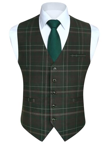 HISDERN Westen für Herren Plaid Anzug Weste Klassische Tweed Westen für Hochzeit Business Party Grün/Grau 2XL von HISDERN