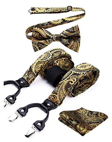 HISDERN Gold Hosenträger und Fliege Set Herren Blumen Paisley Einstecktuch Y Style hosenträger mit 6 Clips Einstellbar für Hochzeit Anzug von HISDERN