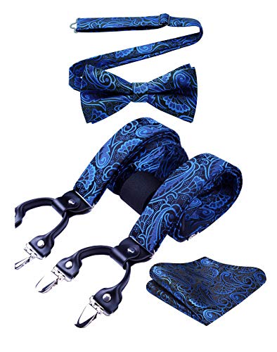 HISDERN Blau Hosenträger und Fliege Set Herren Blumen Paisley Einstecktuch Y Style hosenträger mit 6 Clips Einstellbar für Hochzeit Anzug von HISDERN