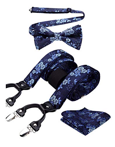 HISDERN Blau Hosenträger und Fliege Set Herren Blumen Paisley Einstecktuch Y Style hosenträger mit 6 Clips Einstellbar für Hochzeit Anzug von HISDERN